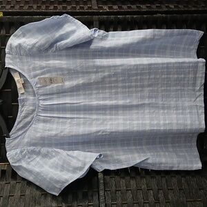 NWT LOFT Light Blue Checkered Top, Button Up Back/Puffed Sleeves SZ M